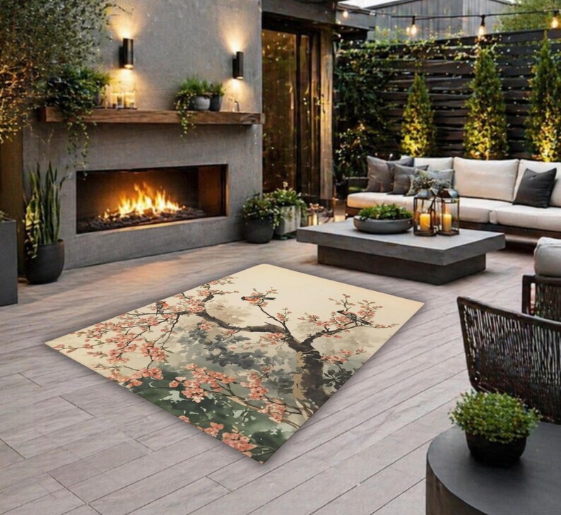 Cherry Blossom Birds Outdoor Rug | Floral Patio Mat - Etsy