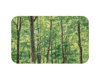 Forest Bath Mat Woodland Bathroom Rug Memory Foam, Green Nature Bath Mat, Tree Landscape Bathroom Decor, Spa Inspired Soft Bath Rug