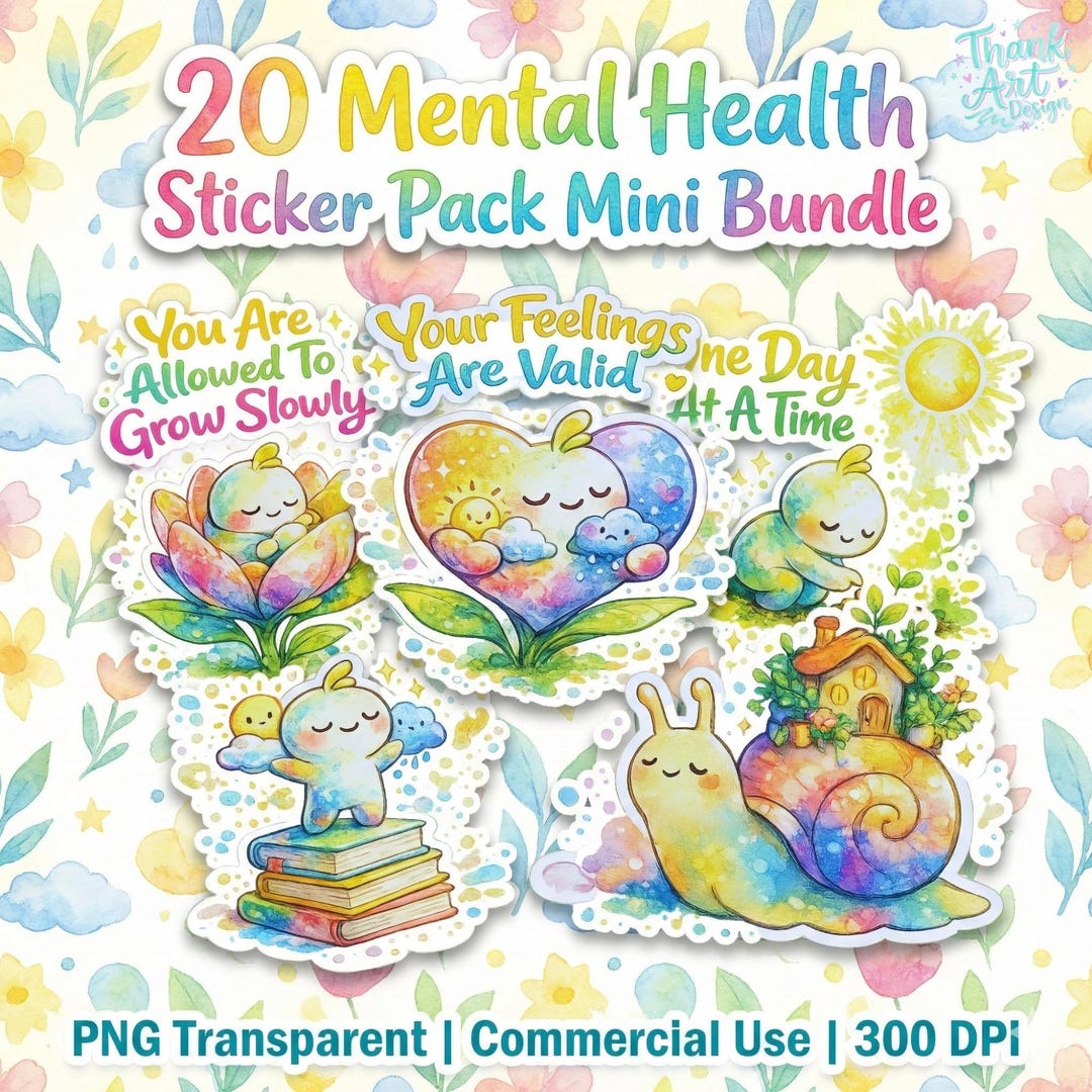 20 Mental Health Stickers Pack PNG, Self Care Affirmation, Watercolor ...