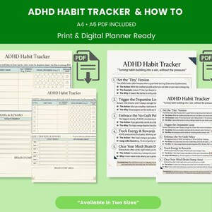 May include: ADHD habit tracker in PDF format, available in A4 and A5 sizes. The planner includes sections for tracking habits, daily rewards, and a brain dump area. The design is light green with black text.