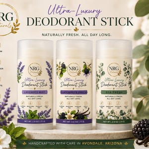 May include: Three cylindrical deodorant sticks labeled NRG Naturals Ultra-Luxury Deodorant Stick in Lavender-Mint, Blackberry & Vanilla, and Spa Fresh scents. Each 2.5 oz container features botanical illustrations and lists aluminum, baking soda, phthalate, and cruelty-free status.