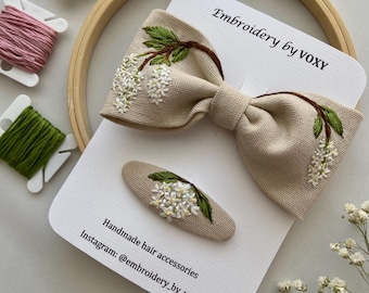 Hand Embroidered Spring Bow Hair Clip Set, Floral Hair Accessories, No Glue, Alligator & Snap Clips, Felt Backed, Handmade Gift