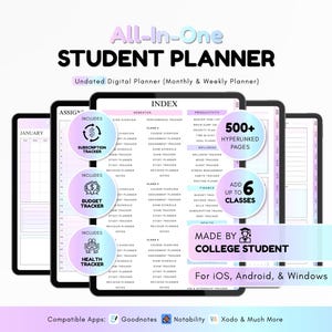 Peut inclure: Un agenda étudiant numérique non daté, affiché sur plusieurs tablettes. Il comprend des sections pour le suivi des abonnements, du budget et de la santé, avec plus de 500 pages hyperliées. Compatible avec iOS, Android et Windows.
