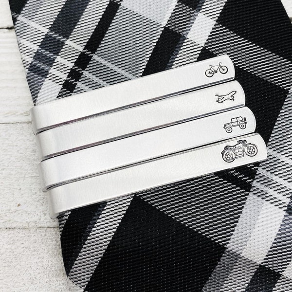 Tie Clip with Personalization Option | Groomsmen Tie Bar Fathers Day Mens Gift Ideas | Custom Travel designs Airplane Motorcycle Bicycle