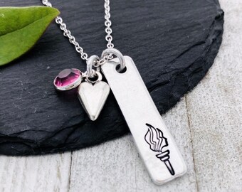 Girl on Fire - hand stamped Young Women Theme Torch Necklace with Swarovski Gemstone - LDS Jewelry Gifts by Eight9 Designs