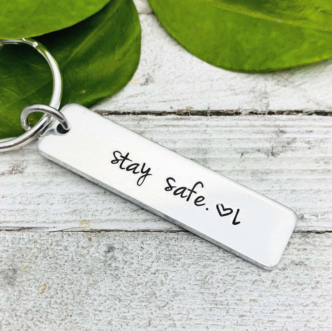 Keychain stay Safe Hand Stamped Initial With Heart Etsy