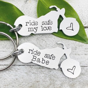 Personalized “RIDE SAFE (name)” Hand Stamped Motorcycle Keychain for Motorcyclists Moto X Gift Ideas by Eight9 Designs