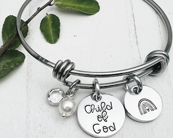 Personalized "Child of God" Boho Rainbow Bracelet with Pearl and Swarovski Crystal | Stainless Steel Bangle | Hand Stamped by Eight9 Designs