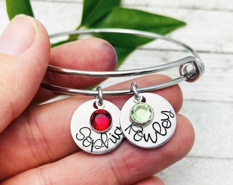 Customizable Bangle - With Names or Grandchildren Names and Swarovski Birthstones - Hand Stamped by Eight9 Designs