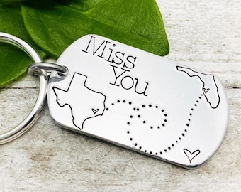 Choose ANY 2 States! Long-Distance Keychain "Miss You" - Hand Stamped by Eight9Designs