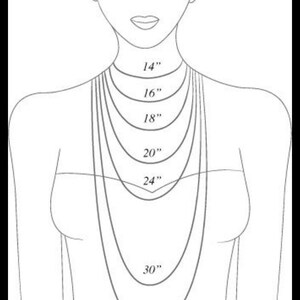 May include: A diagram illustrating necklace lengths, ranging from 14 inches to 33 inches, displayed on a stylized figure. The text "Necklace measurement guide:" is at the top. The image is a helpful guide for selecting the right necklace size.