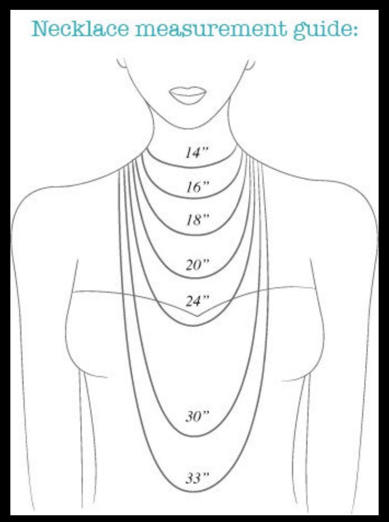 May include: A diagram illustrating necklace lengths, ranging from 14 inches to 33 inches, displayed on a stylized figure. The text "Necklace measurement guide:" is at the top. The image is a helpful guide for selecting the right necklace size.