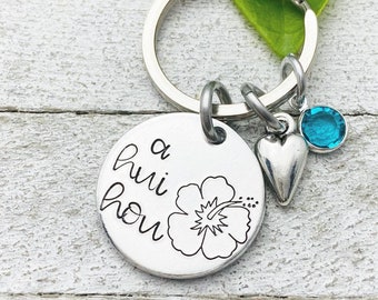 Hasta que nos volvamos a encontrar - "A Hui Hou" - Llavero hawaiano estampado a mano con hibisco / Ideas de regalos conmemorativos de larga distancia de Eight9 Designs lilo