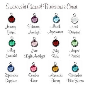 May include: Chart showing Swarovski channel birthstones for each month of the year. January: Garnet, February: Amethyst, March: Aquamarine, April: Diamond, May: Emerald, June: Light Amethyst, July: Ruby, August: Peridot, September: Sapphire, October: Rose, November: Topaz, December: Blue Zircon.