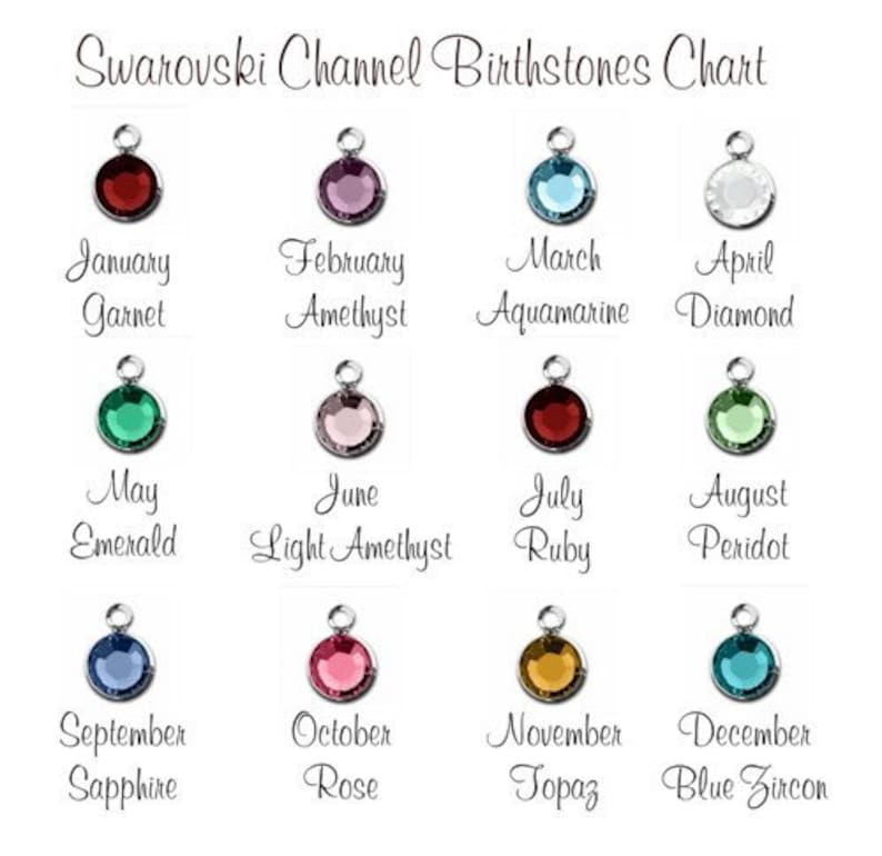 May include: Chart showing Swarovski channel birthstones for each month of the year. January: Garnet, February: Amethyst, March: Aquamarine, April: Diamond, May: Emerald, June: Light Amethyst, July: Ruby, August: Peridot, September: Sapphire, October: Rose, November: Topaz, December: Blue Zircon.