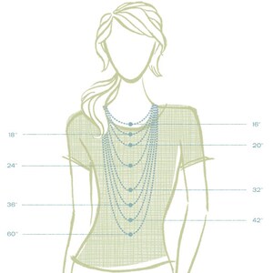May include: A diagram showing different necklace lengths on a woman's neck. The lengths are 16 inches, 18 inches, 20 inches, 24 inches, 32 inches, 36 inches, 42 inches, and 60 inches.