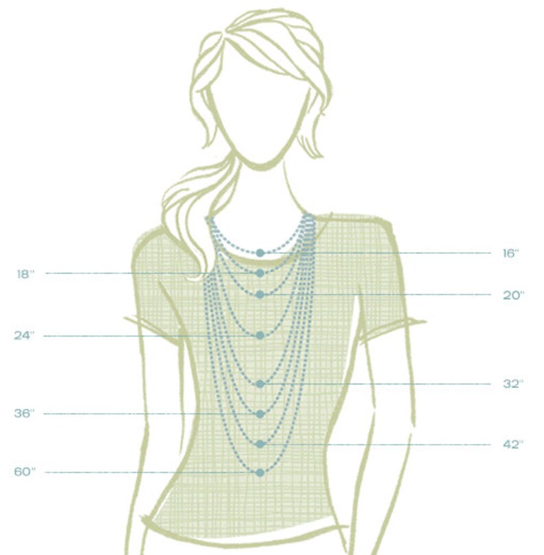 May include: A diagram showing different necklace lengths on a woman's neck. The lengths are 16 inches, 18 inches, 20 inches, 24 inches, 32 inches, 36 inches, 42 inches, and 60 inches.