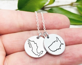 13 países, TODOS LOS 50 ESTADOS más Puerto Rico disponibles - Collar estampado a mano con 2 discos / Regalos de larga distancia de Eight9 Designs