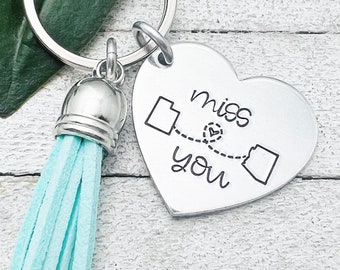 10 Countries, Puerto Rico, all 50 states & Washington DC | “Miss You” Long-Distance LDR Hand Stamped Keychain - by Eight9Designs