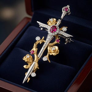 May include: A silver and gold sword-shaped brooch featuring a central oval ruby surrounded by small diamonds. The blade is entwined with gold thorny vines, accented with small rubies and diamonds set within sculpted gold roses along the length.