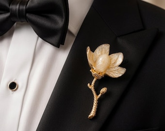 Vintage Men’s Wedding Brooch Gold Magnolia | Suit Brooch for Men | Groomsmen Gift