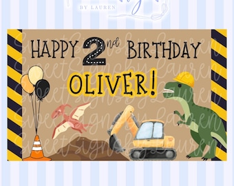 Editable Construction Dinosaur Birthday Banner Template | Birthday Banner | Canva Template