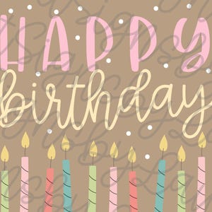 May include: A birthday-themed illustration with the words "Happy Birthday" in pink and cream-colored script. Below, a row of colorful candles with yellow flames. The background is a light brown with white polka dots.