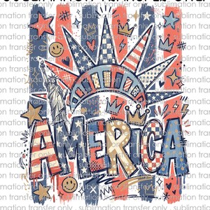 May include: A patriotic sublimation transfer design featuring the word "AMERICA" in a bold, colorful font. The design incorporates elements like the Statue of Liberty, stars, crowns, and the American flag's colors: red, white, and blue. The text "SUBLIMATION TRANSFER ONLY" is repeated around the border.