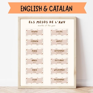 Bilingual Months of the Year Poster English Catalan, Pòster dels Mesos de l’Any, Montessori Classroom Printable, Montessori Classroom
