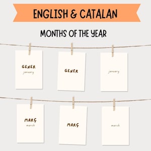 Bilingual Months of the Year Flashcards, English Catalan Calendar Cards, 36 Printable Montessori Cards, Mesos de l’Any, Language Memory Game