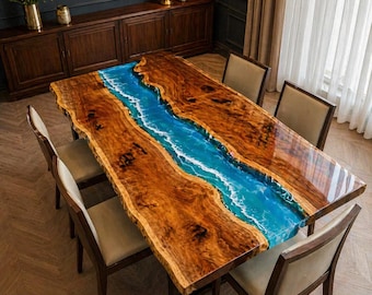 Mesa de comedor de madera natural con resina epoxi / Muebles de resina Blue Ocean River