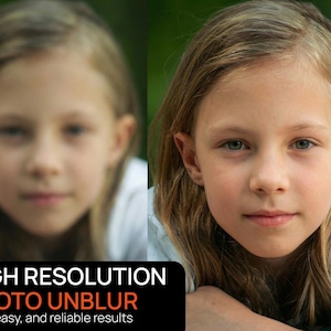May include: A side-by-side comparison of a blurred and clear image of a young person with blonde hair and a white shirt. The text "HIGH RESOLUTION PHOTO UNBLUR" is displayed in the lower portion of the image.