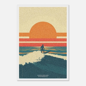 Póster de surf enmarcado de Noosa Heads, Australia. Arte de pared. Decoración costera de playa. Impresión minimalista de puesta de sol sobre el océano. Listo para colgar.