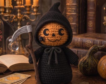 Halloween Crochet Grim Reaper Doll, Handmade Amigurumi Pumpkin Reaper, Cute Spooky Plush, Goth Halloween Decor, Gift for Halloween Lover