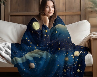 Starry Night Sherpa Fleece Blanket, Moon Stars and Planets Throw, Sofa or Bed Blanket, Camping or Outdoor Blanket, Two Sizes