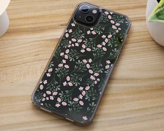 Wildflower phone case for iPhone 15 14 13 12 11 X 8 7, Samsung S24 S23 S22 S21 S20. Clear Case with pretty pink flowers, botanical.