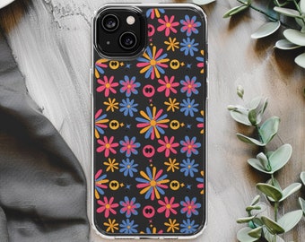 Retro floral vintage phone case for iPhone 15 14 13 12 11 X 8 7, Samsung S24 S23 S22 S21 S20. Clear Case with 70s Floral Design.