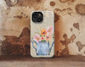 Watering Can on Newsprint, protective cell phone case for iPhones 15-8 or Samsung Galaxies 24-10, beautiful Mothers Day Gift.