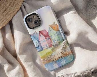 Pastel Houses Lakefront cell phone case for iPhones or Samsungs, upgrade to MagSafe for iPhone 12-15. Perfect Gift for Mothers Day.
