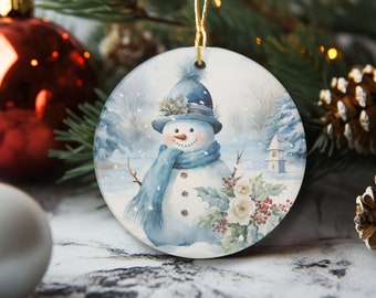 Happy Blue Snowman Ceramic Christmas Ornament, Stocking Stuffer, Holiday Decor