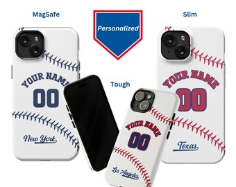 Custom Baseball Phone Case, Personalized with Name and Number. Your choice of baseball teams on your iPhone in a Slim, Tough or Magsafe case