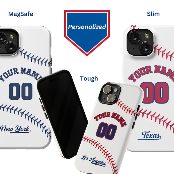 Custom Baseball Phone Case, Personalized with Name and Number. Your choice of baseball teams on your iPhone in a Slim, Tough or Magsafe case