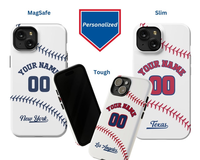 Custom Baseball Phone Case, Personalized with Name and Number. Your choice of baseball teams on your iPhone in a Slim, Tough or Magsafe case image 1