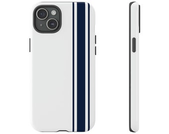 White Navy Blue Stripe Cell Phone Case for iPhone 8-15, Google Pixel & Samsung Galaxy, Glossy or Matte Finish