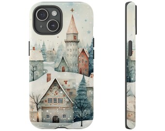 Winter Town Cell Phone Case for iPhone 8-15, Google Pixel & Samsung Galaxy, Glossy or Matte Finish, Quaint Village Winter Scene