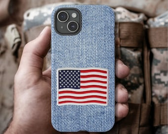 American Flag on Denim Cell Phone Case, iPhone 15 14 13 12 11 X 8 7 SE, Samsung S24 S23 S22 S21 S20 S10, Glossy or Matte Finish