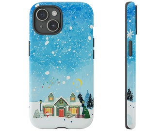 Tough Cell Phone Case with Quaint Snowy Winter Village Scene for iPhone 8-15, Google Pixel & Samsung Galaxy, Great Christmas Gift for Anyone