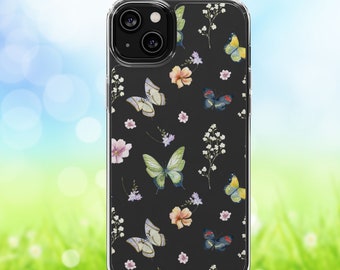 Aesthetic Butterflies Flowers phone case for iPhone 15 14 13 12 11 X 8 7, Samsung S24 S23 S22 S21 S20. Clear Case with Butterfly Design.