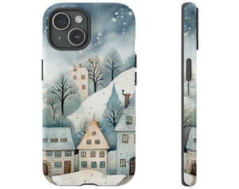 Peaceful Winter Village Phone Case for iPhone 8-15, Google Pixel & Samsung Galaxy, Glossy or Matte Finish. Quaint Village Winter Scene.