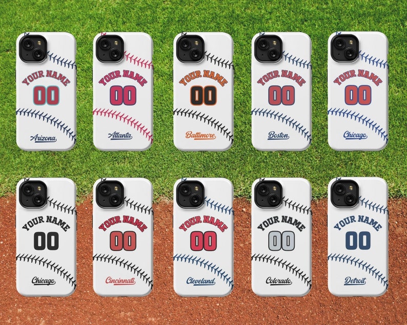 Custom Baseball Phone Case, Personalized with Name and Number. Your choice of baseball teams on your iPhone in a Slim, Tough or Magsafe case image 2